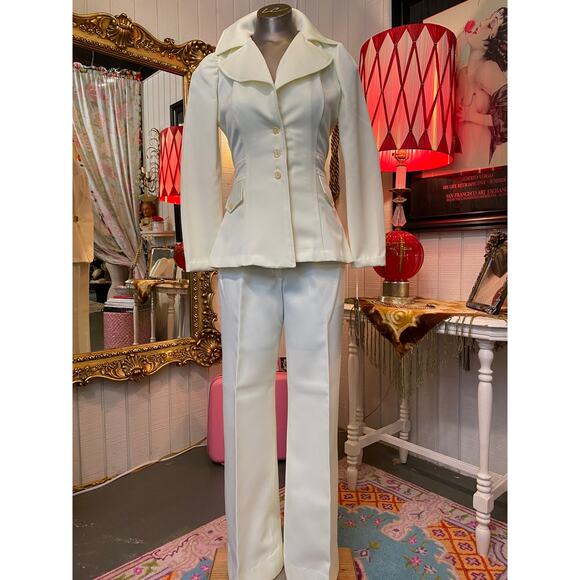 vintage 1970s cream pantsuit 70s jacket and pants flared butterfly mod polyester - Picture 1 of 10